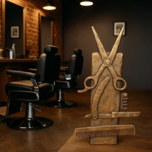 Upcyklovaná socha Střih času v moderním barber shopu s industriálním interiérem