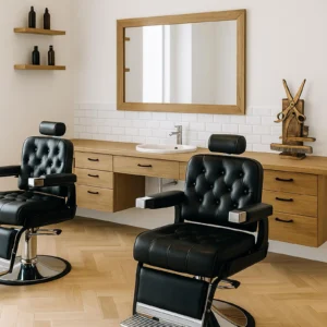 Designová dekorace Střih času umístěná v moderním kadeřnickém salonu