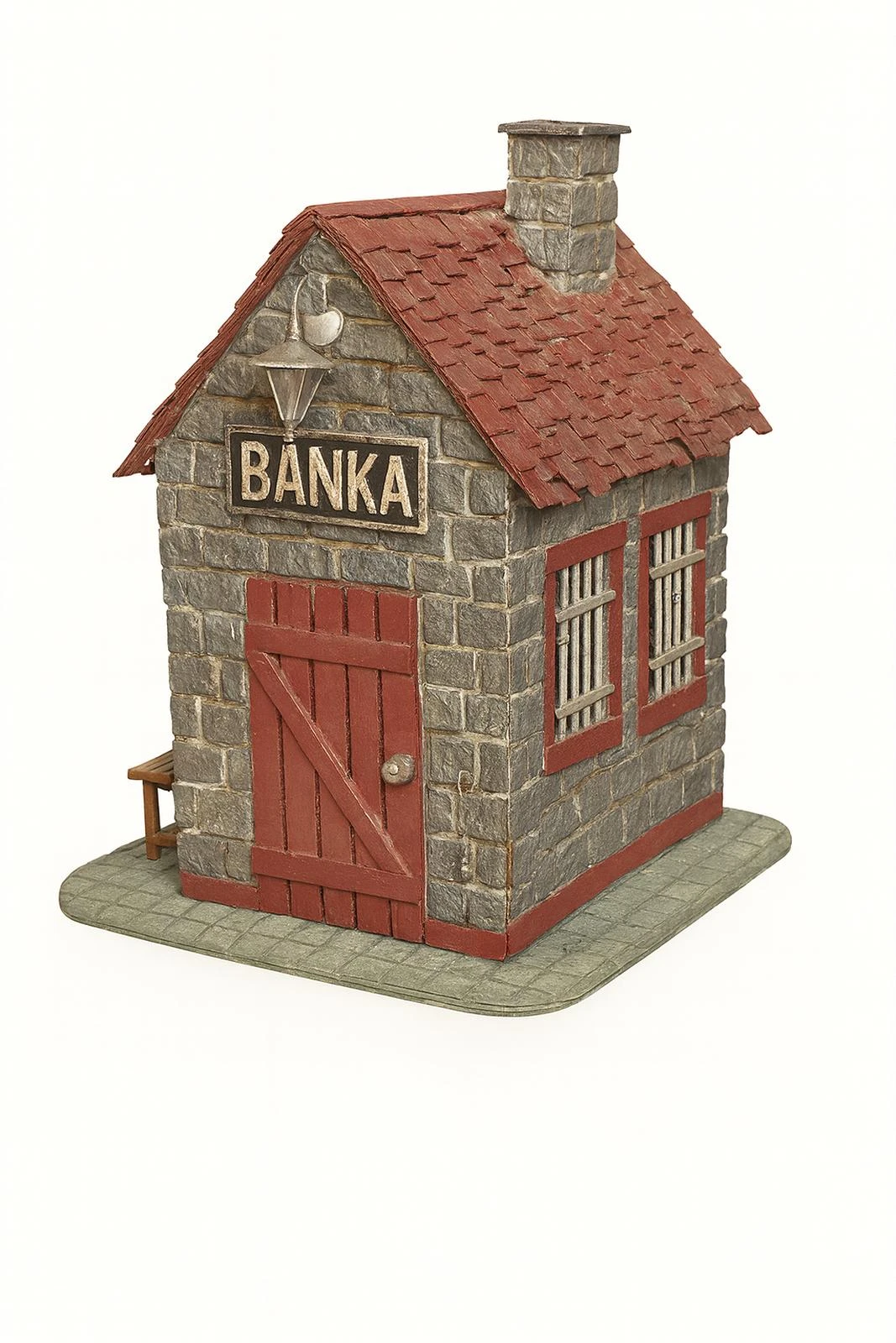 Ručně vyráběná miniatura banky z kartonu jako pokladnička
