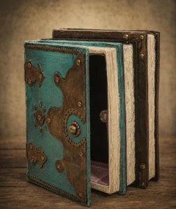 Detail otevřeného handmade book boxu