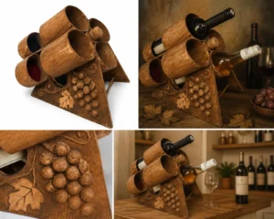 Koláž detailů handmade stojanu na víno z recyklovaných materiálů