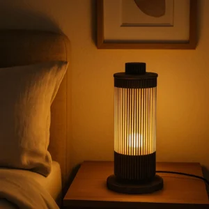 Dekorativní lampa ze špejlí jako noční světlo v útulné ložnici