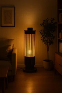 Designová stojací lampa ze špejlí jako ambientní osvětlení v obývacím pokoji