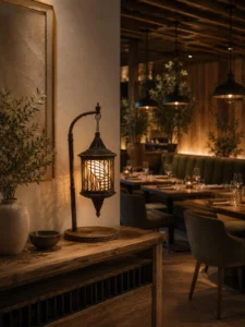 Rustikální závěsná lucerna jako dekorace restaurace