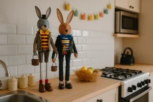 Handmade velikonoční zajíci v moderní kuchyni