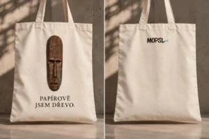 MOPSL art merch - recyklovaná taška s motivem Hlava Domorodec a vtipným sloganem - přední a zadní strana