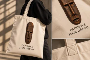 MOPSL art merch - recyklovaná taška s motivem Hlava Domorodec a vtipným sloganem na ramenou mladé ženy