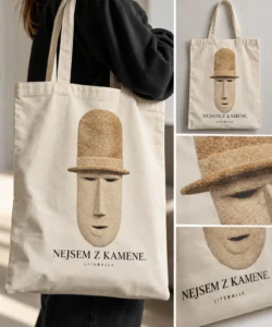 MOPSL art merch - recyklovaná taška s motivem Hlava Unisex a vtipným sloganem na ramenou mladé ženy
